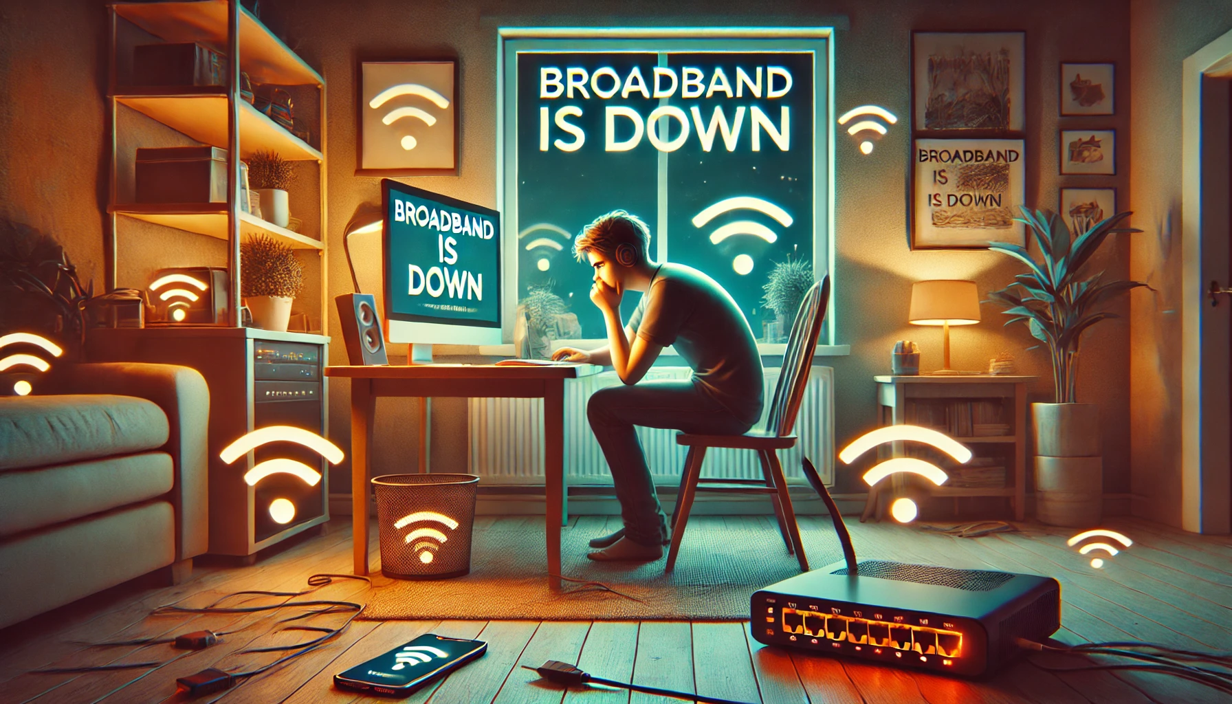 Man sitting at desk frustrated because his broadband is down.