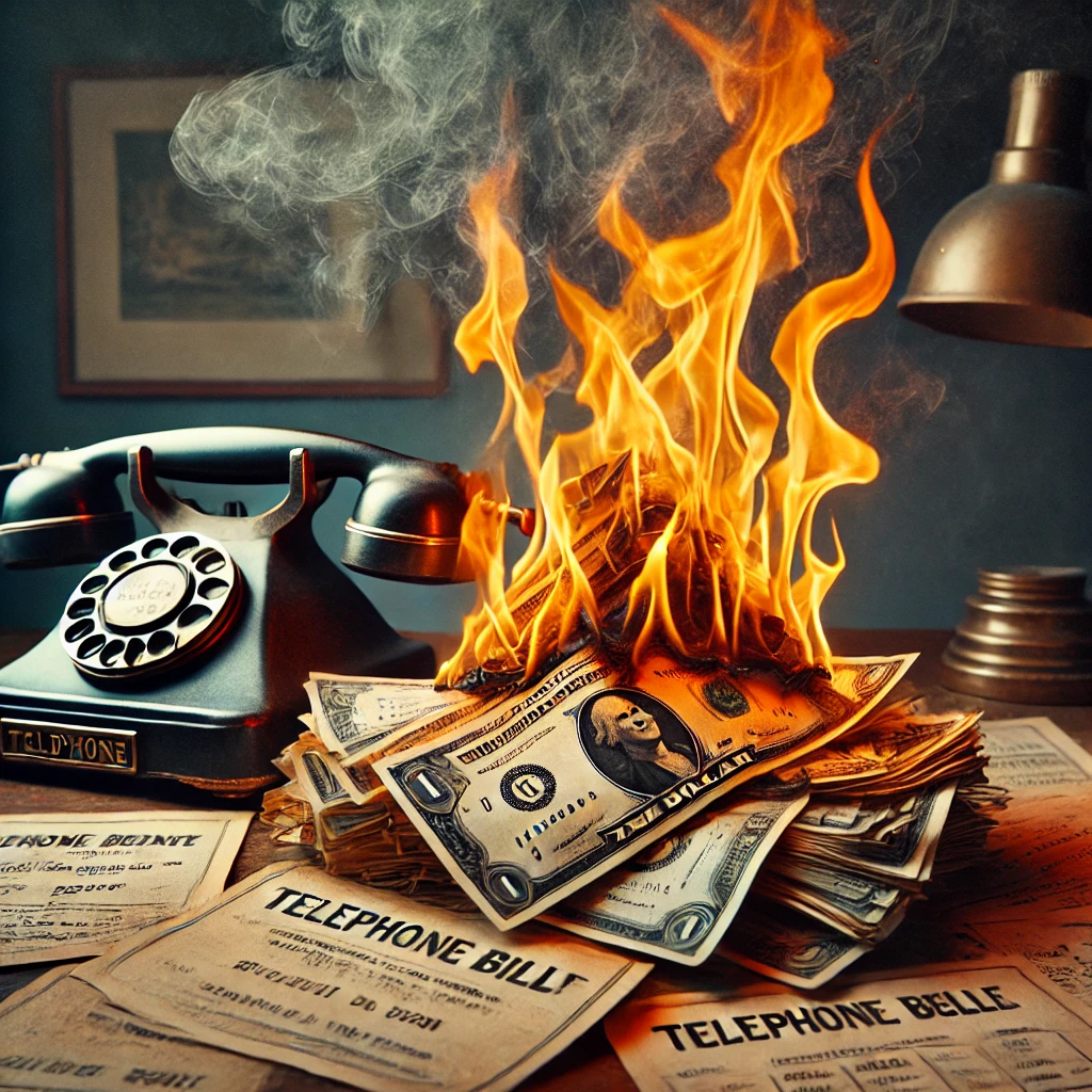 Burning money and bills on an old desk